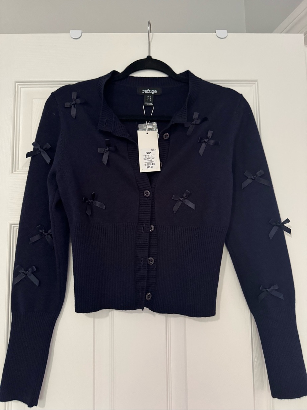 Refuge Navy Bow-Appliqué Button-Front Cardigan size S Brand New with Tags